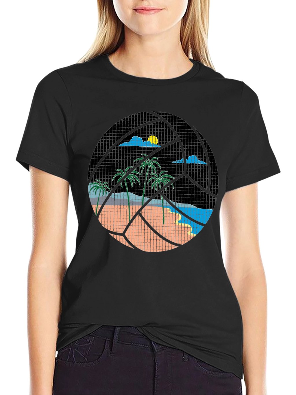 Tropical Beach Volleyball Graphic Tee - Black