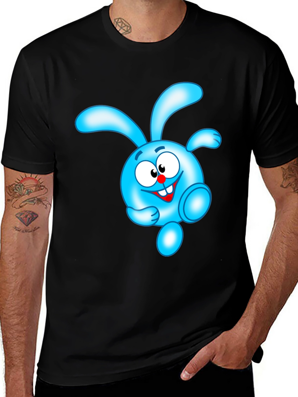 Blue Cartoon Character Black T-Shirt