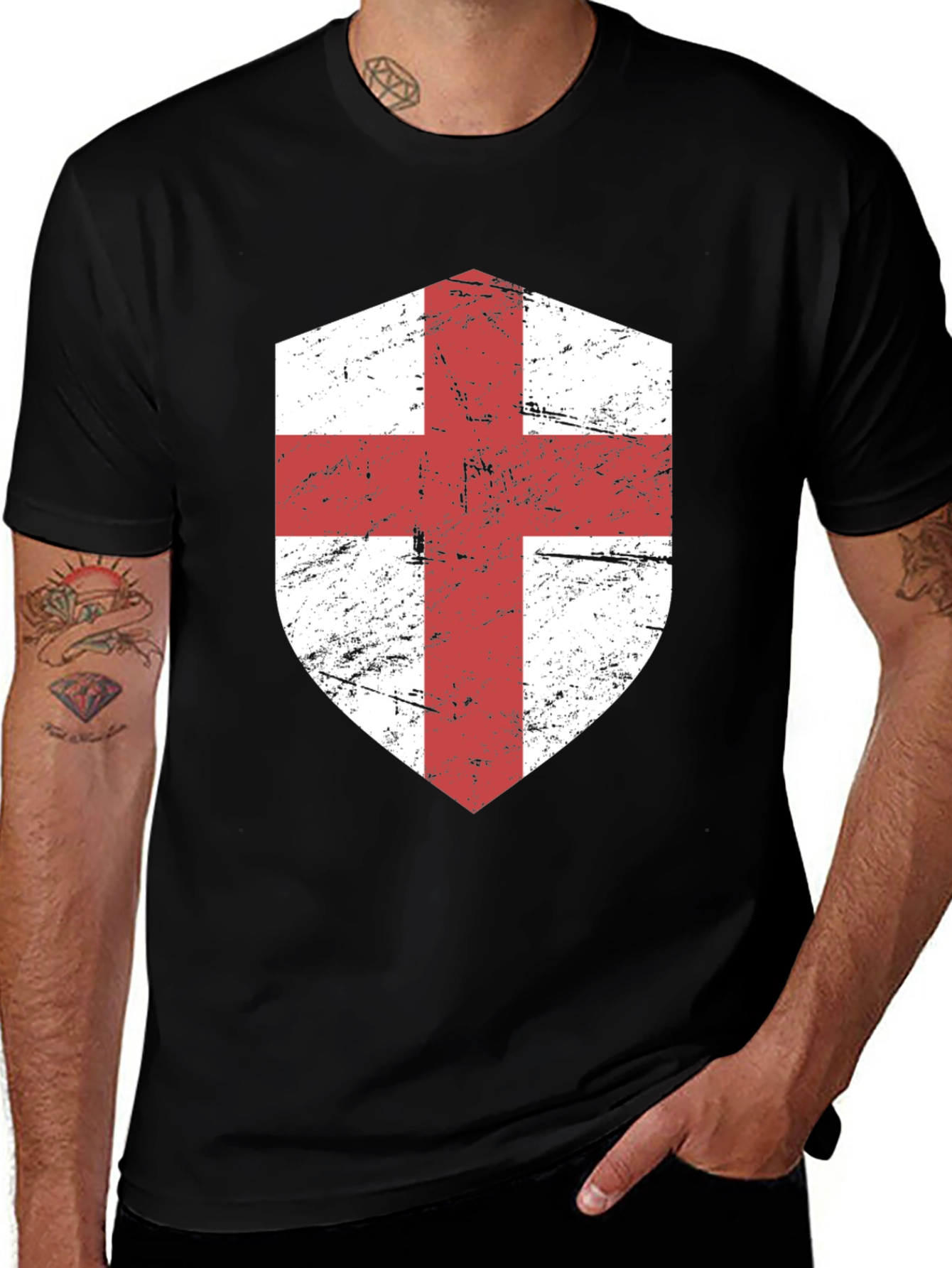 England Flag Shield Graphic Tee - Classic Crew Neck T-Shirt