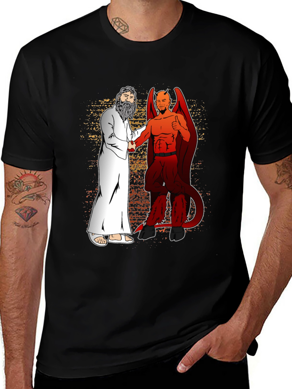God & Devil Shaking Hands Graphic T-Shirt