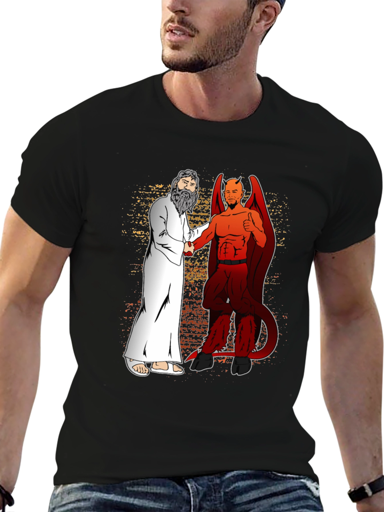 God & Devil Shaking Hands Graphic T-Shirt
