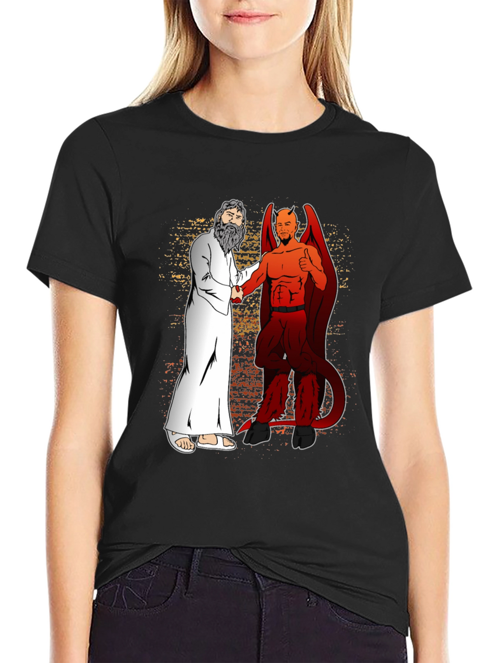 God & Devil Shaking Hands Graphic T-Shirt