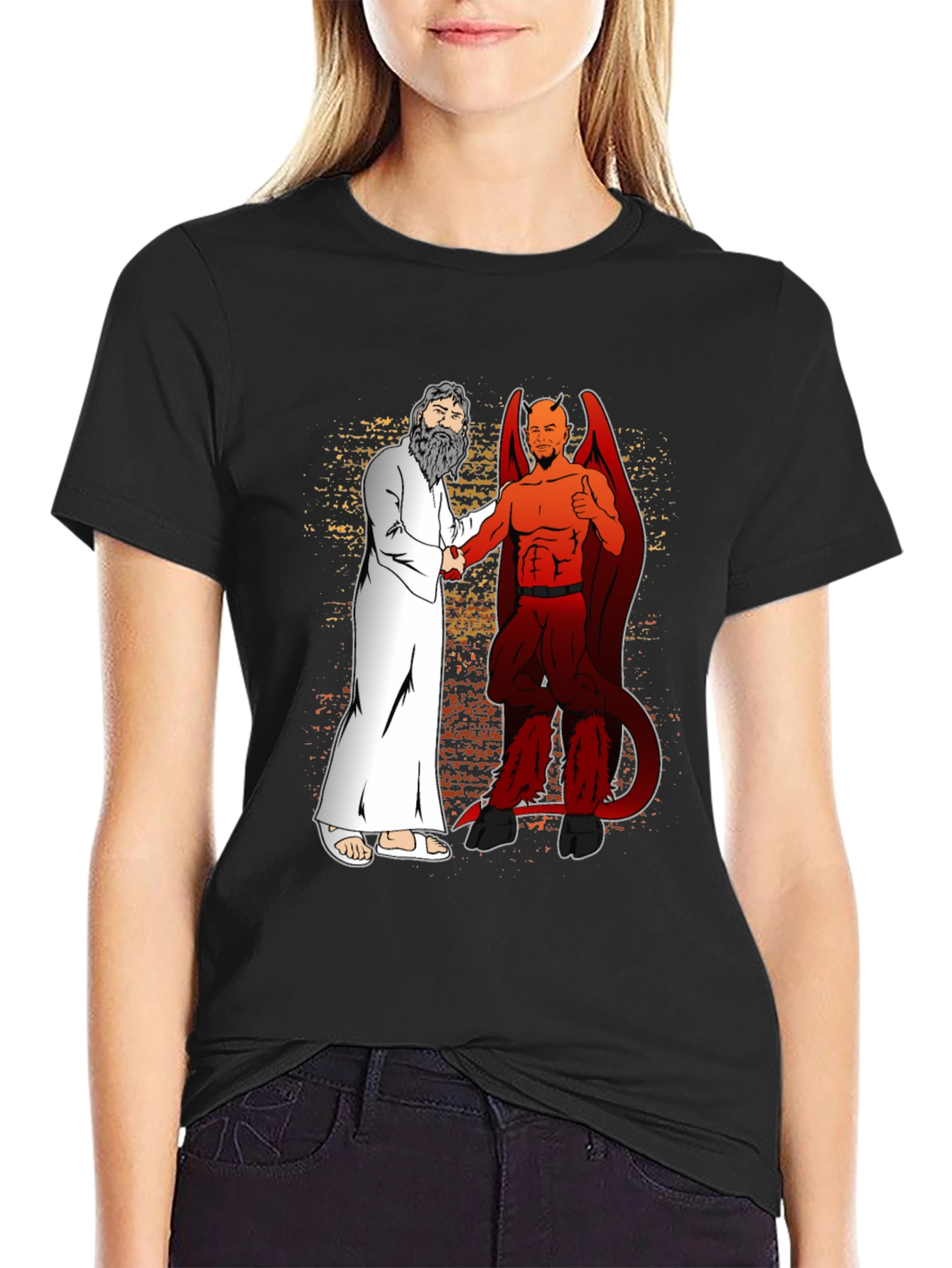 God & Devil Shaking Hands Graphic T-Shirt