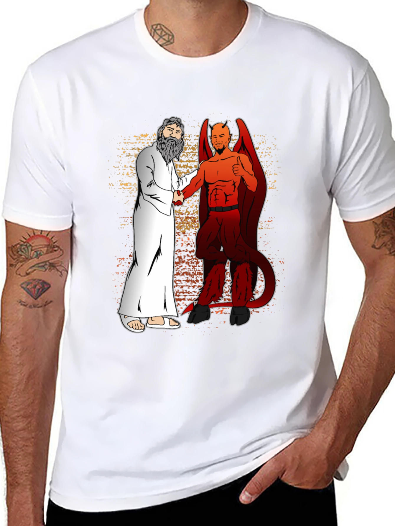 God & Devil Shaking Hands Graphic T-Shirt