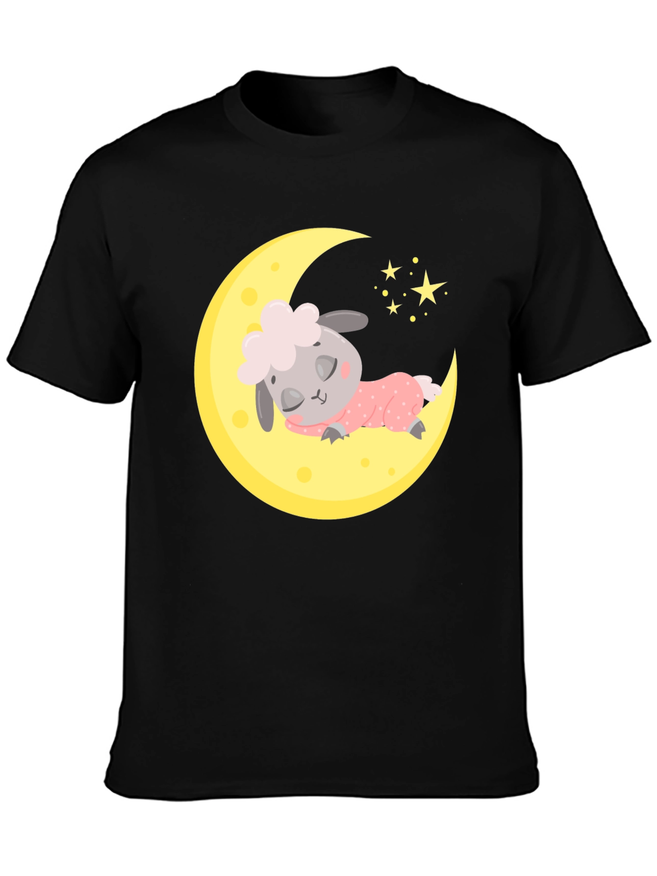 Cute Sheep on Moon Graphic Tee - Dreamy Black T-Shirt