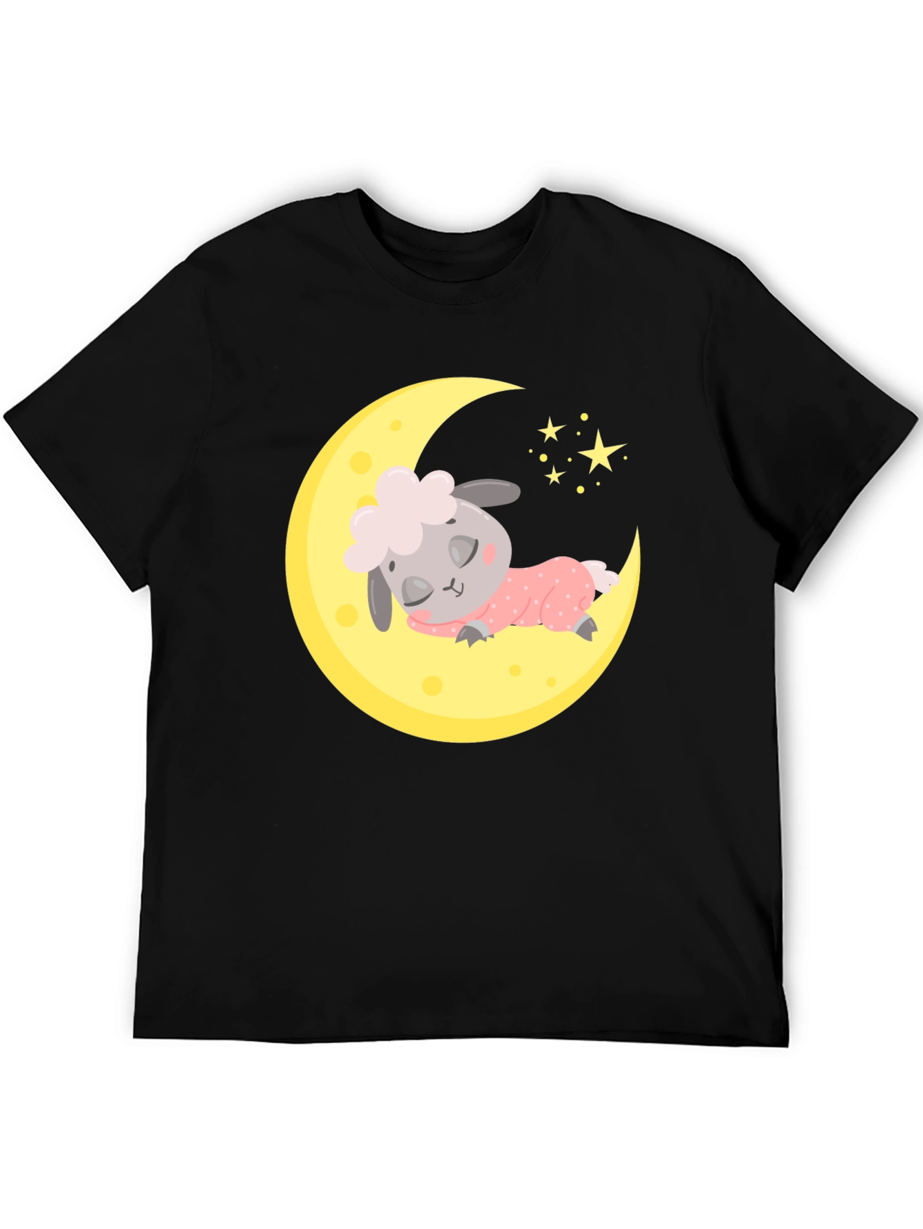 Cute Sheep on Moon Graphic Tee - Dreamy Black T-Shirt