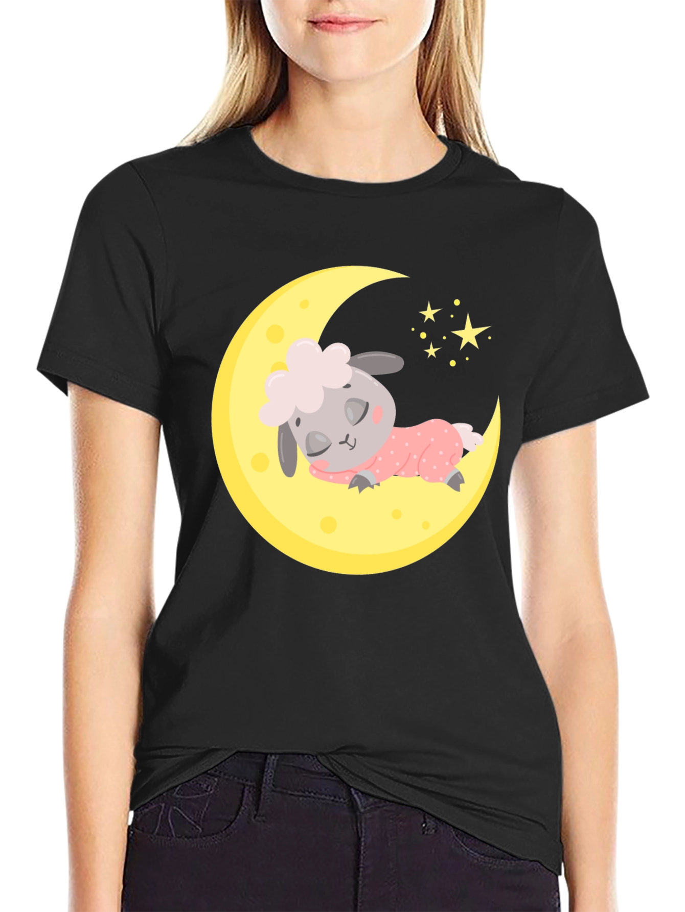 Cute Sheep on Moon Graphic Tee - Dreamy Black T-Shirt