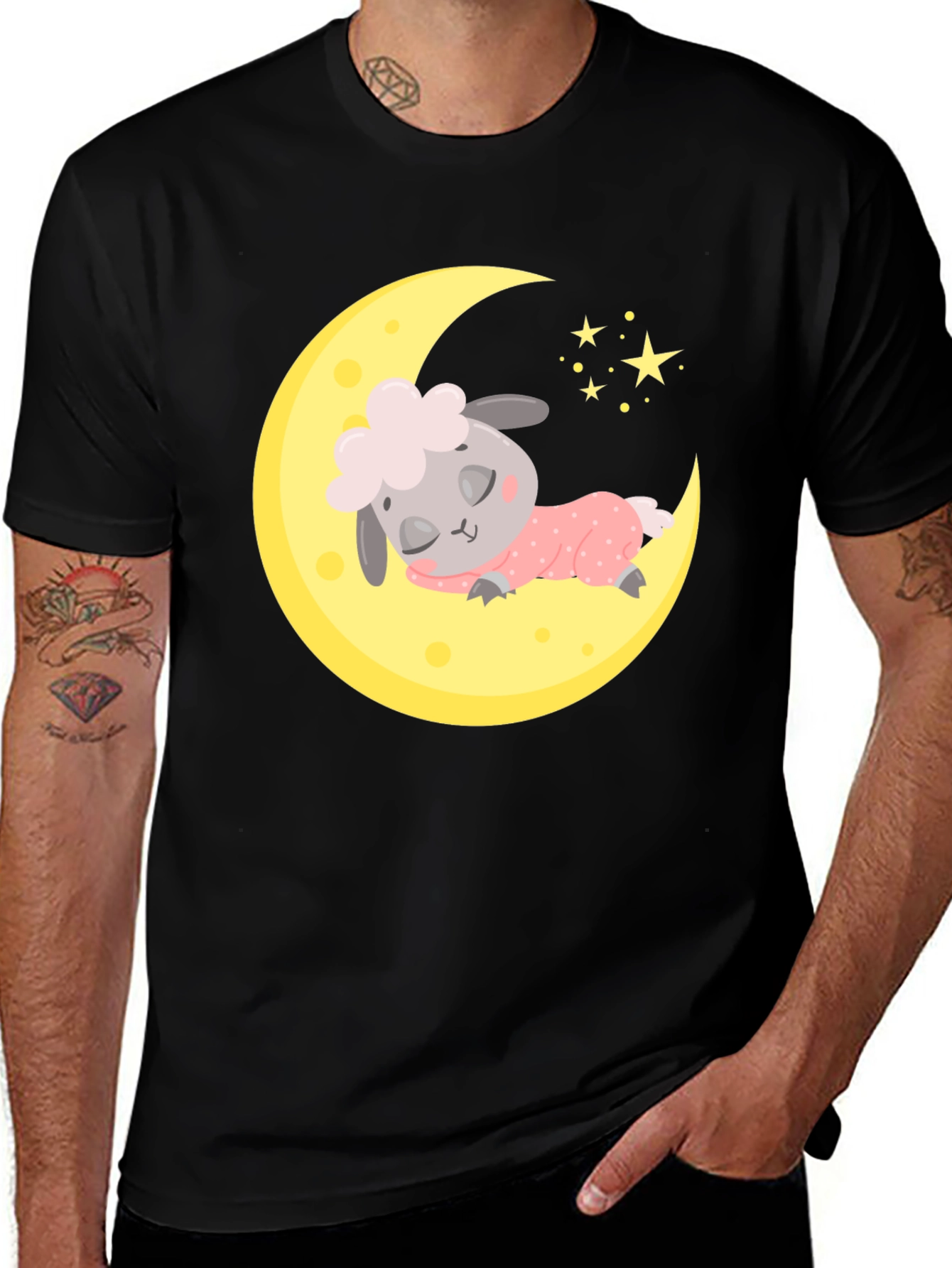Cute Sheep on Moon Graphic Tee - Dreamy Black T-Shirt