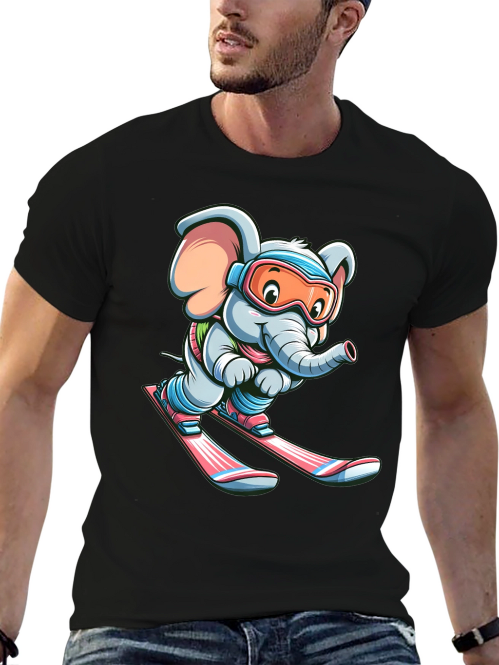 Skiing Elephant Graphic Tee - Black