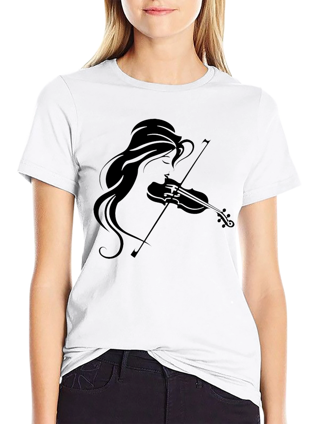 Violin Girl Graphic Tee - Black Cotton T-Shirt