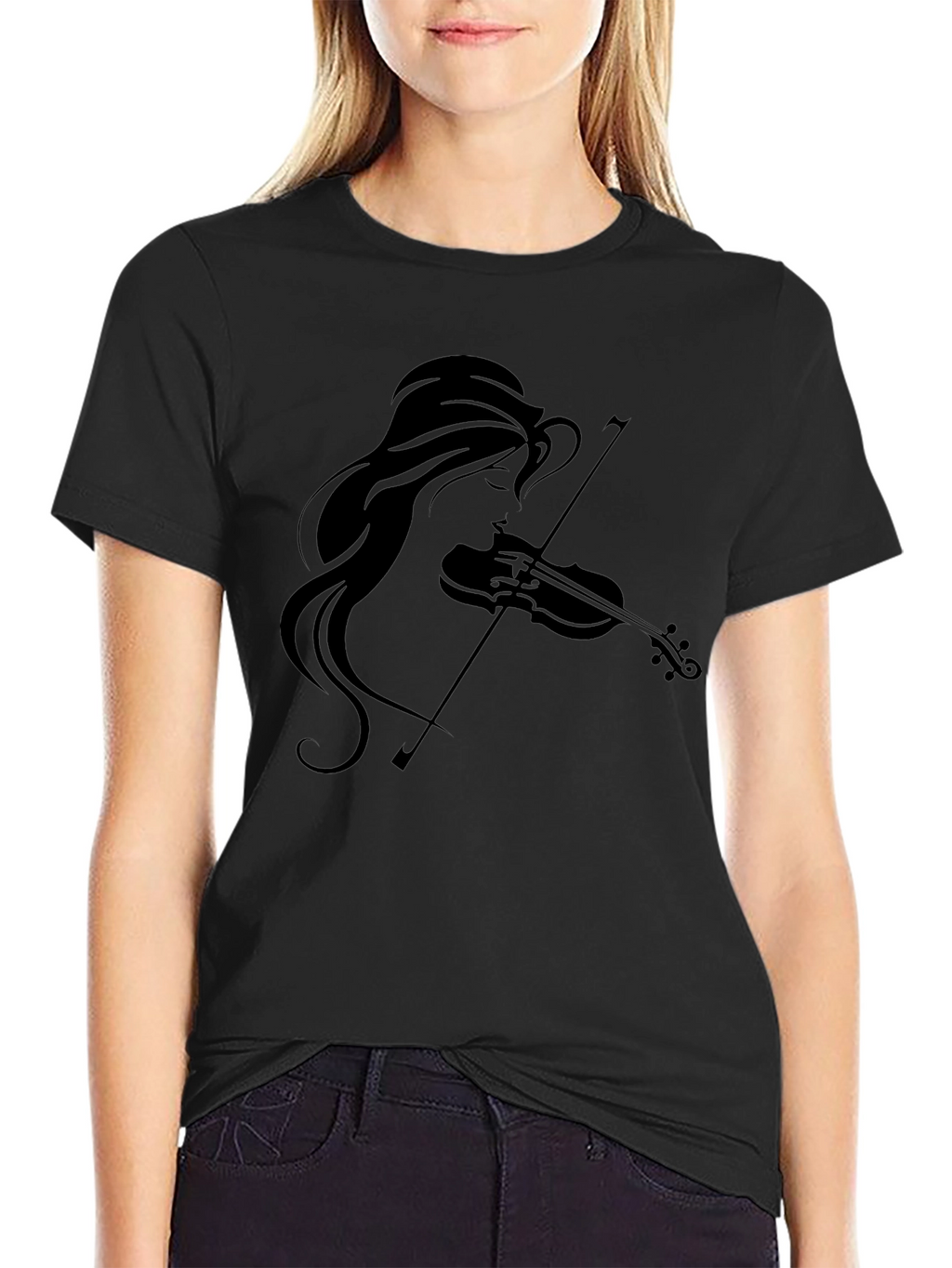 Violin Girl Graphic Tee - Black Cotton T-Shirt