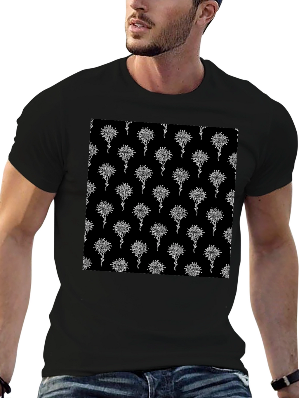 Abstract Floral Pattern Black T-Shirt
