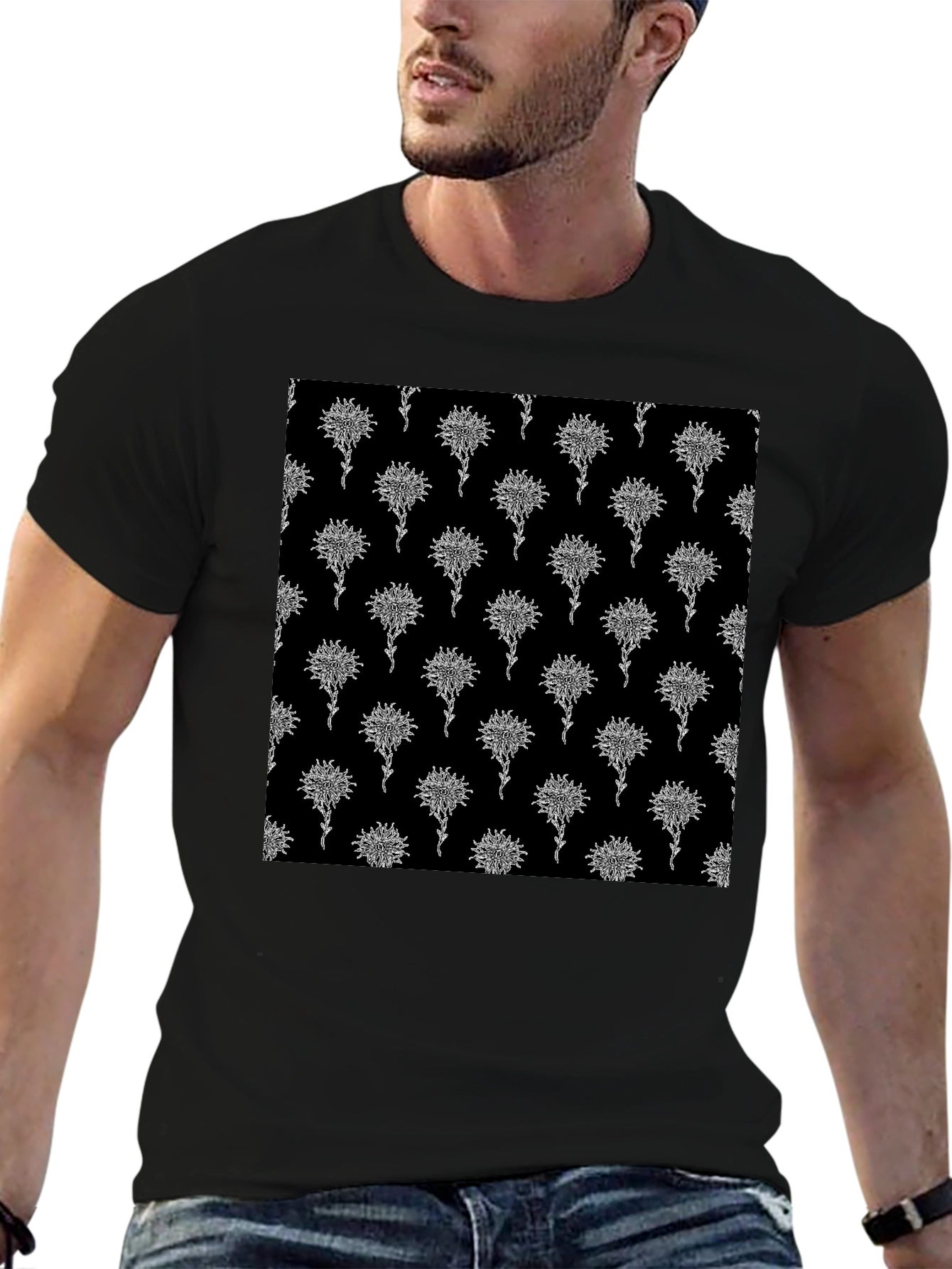 Abstract Floral Pattern Black T-Shirt
