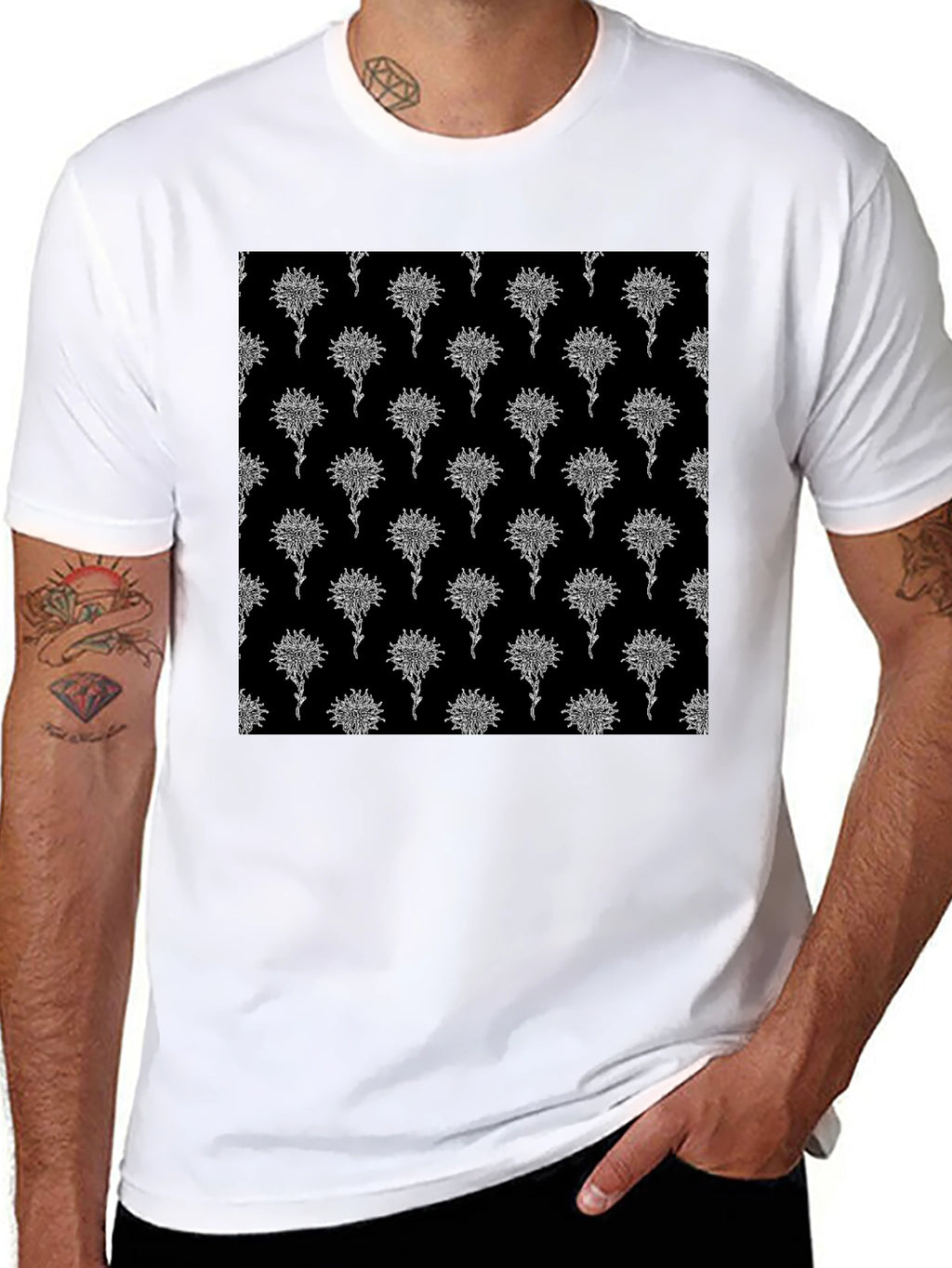 Abstract Floral Pattern Black T-Shirt