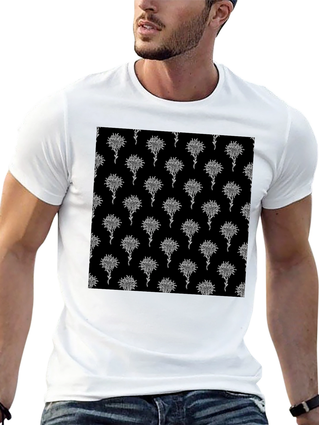 Abstract Floral Pattern Black T-Shirt