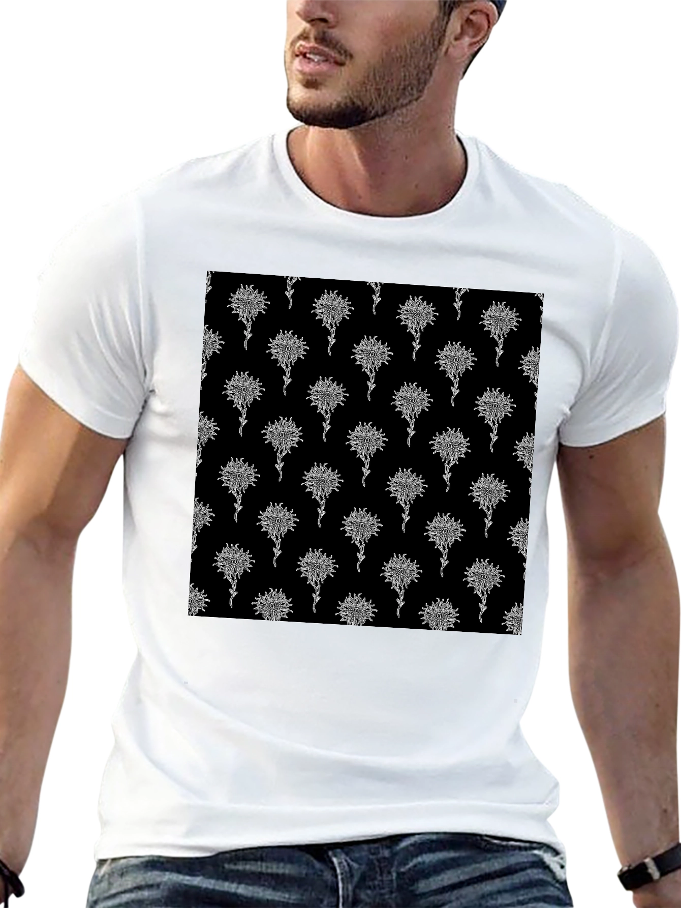 Abstract Floral Pattern Black T-Shirt