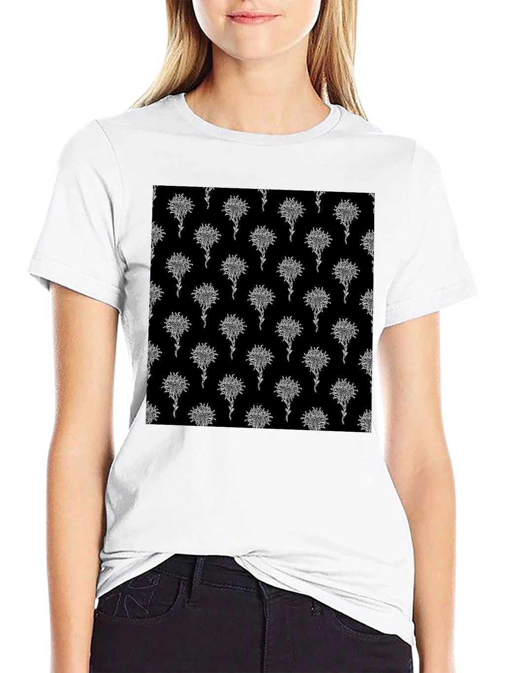 Abstract Floral Pattern Black T-Shirt