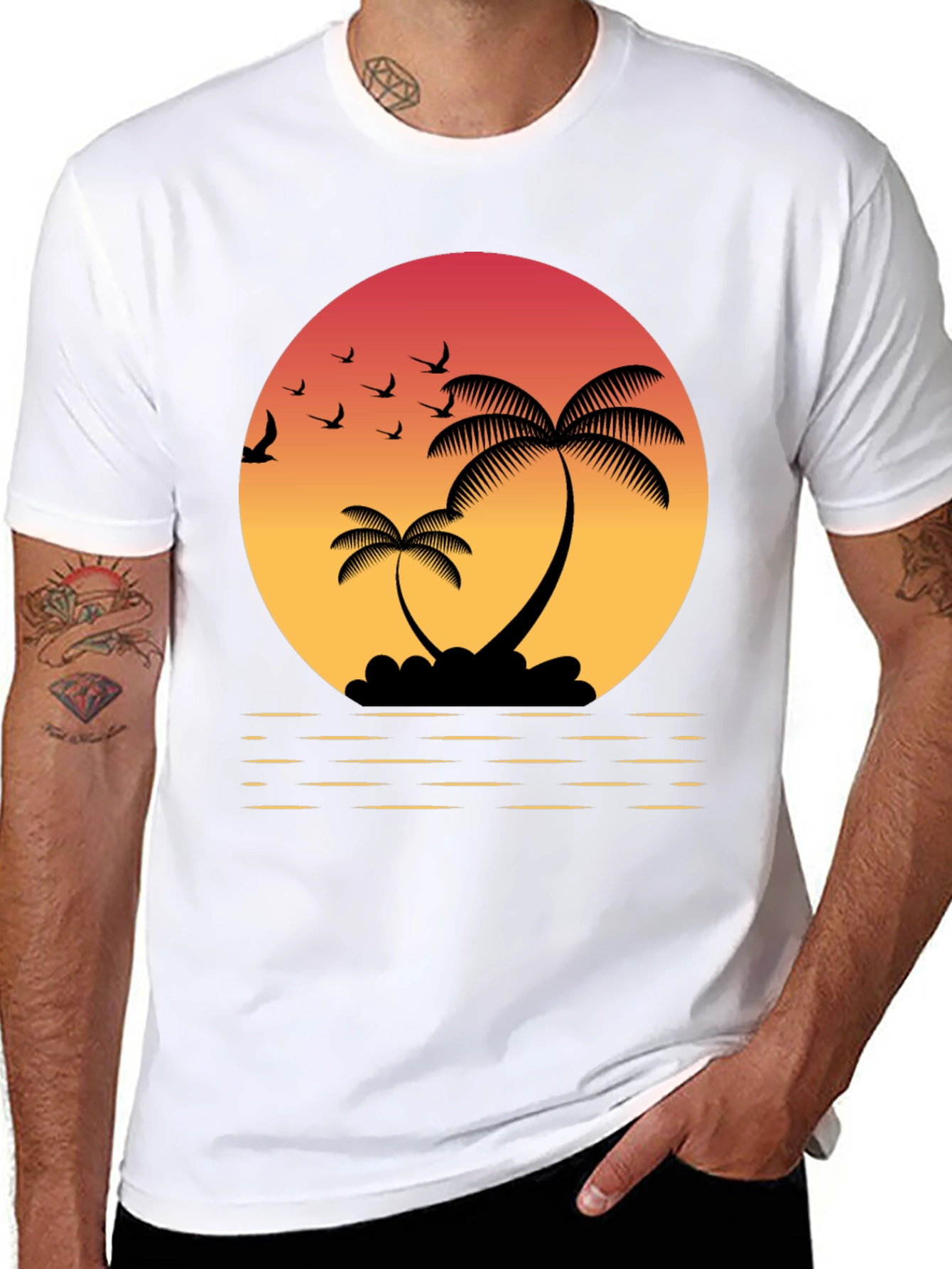 Tropical Sunset T-Shirt: Palm Trees & Birds