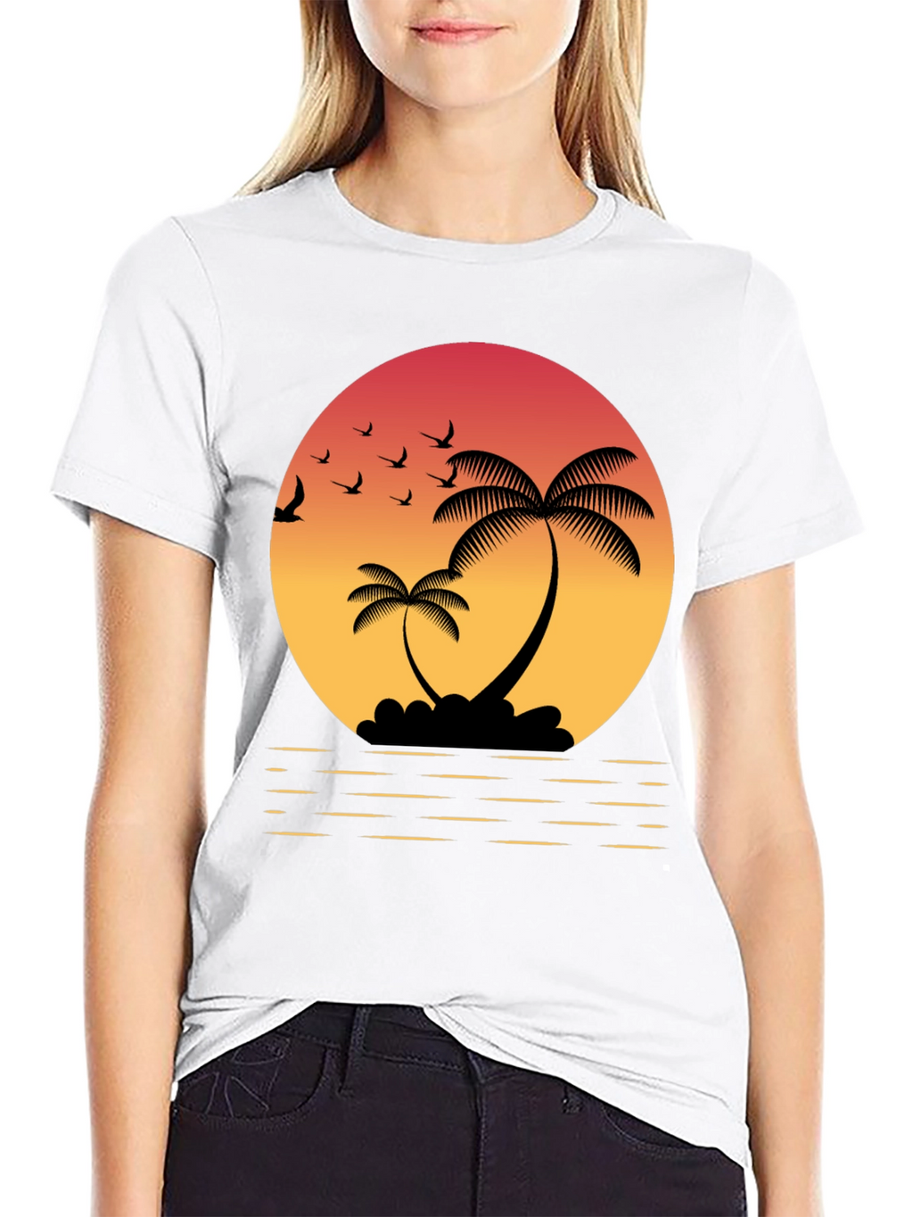 Tropical Sunset T-Shirt: Palm Trees & Birds