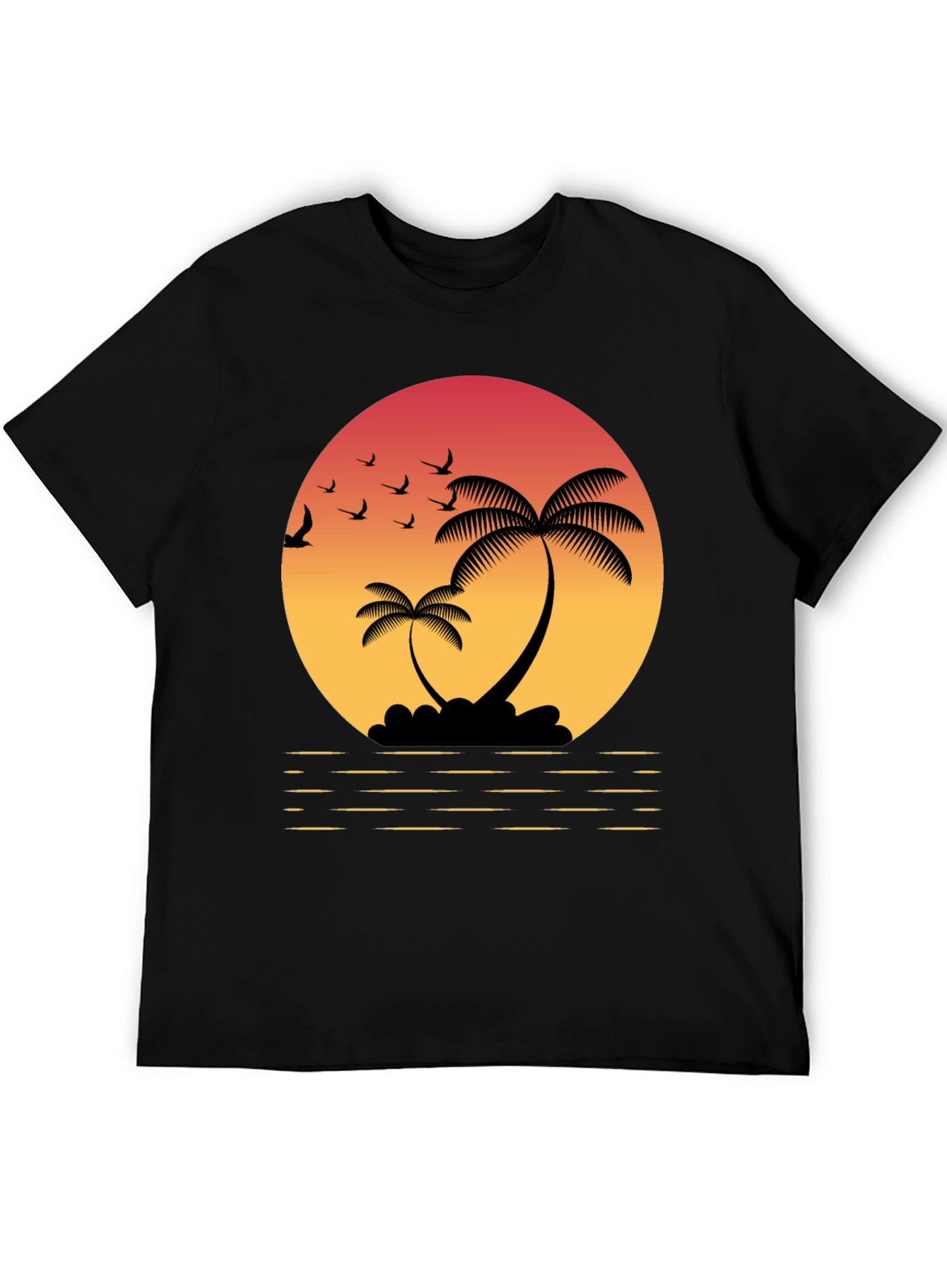 Tropical Sunset T-Shirt: Palm Trees & Birds