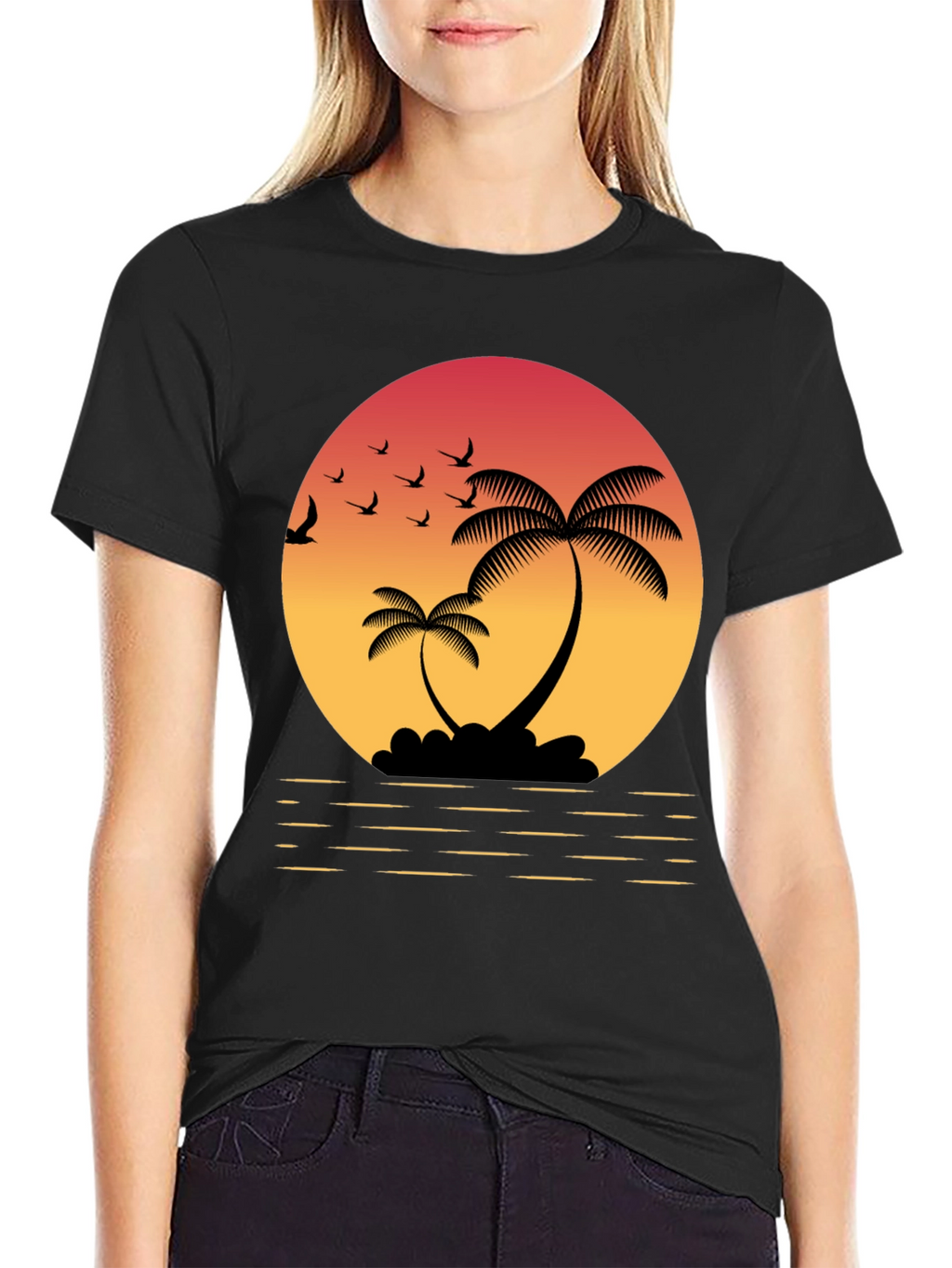 Tropical Sunset T-Shirt: Palm Trees & Birds