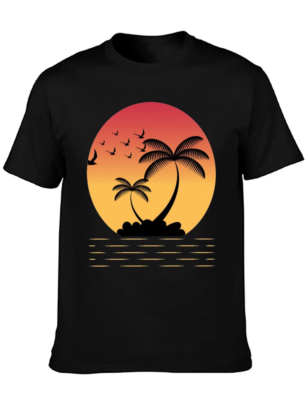 Tropical Sunset T-Shirt: Palm Trees & Birds