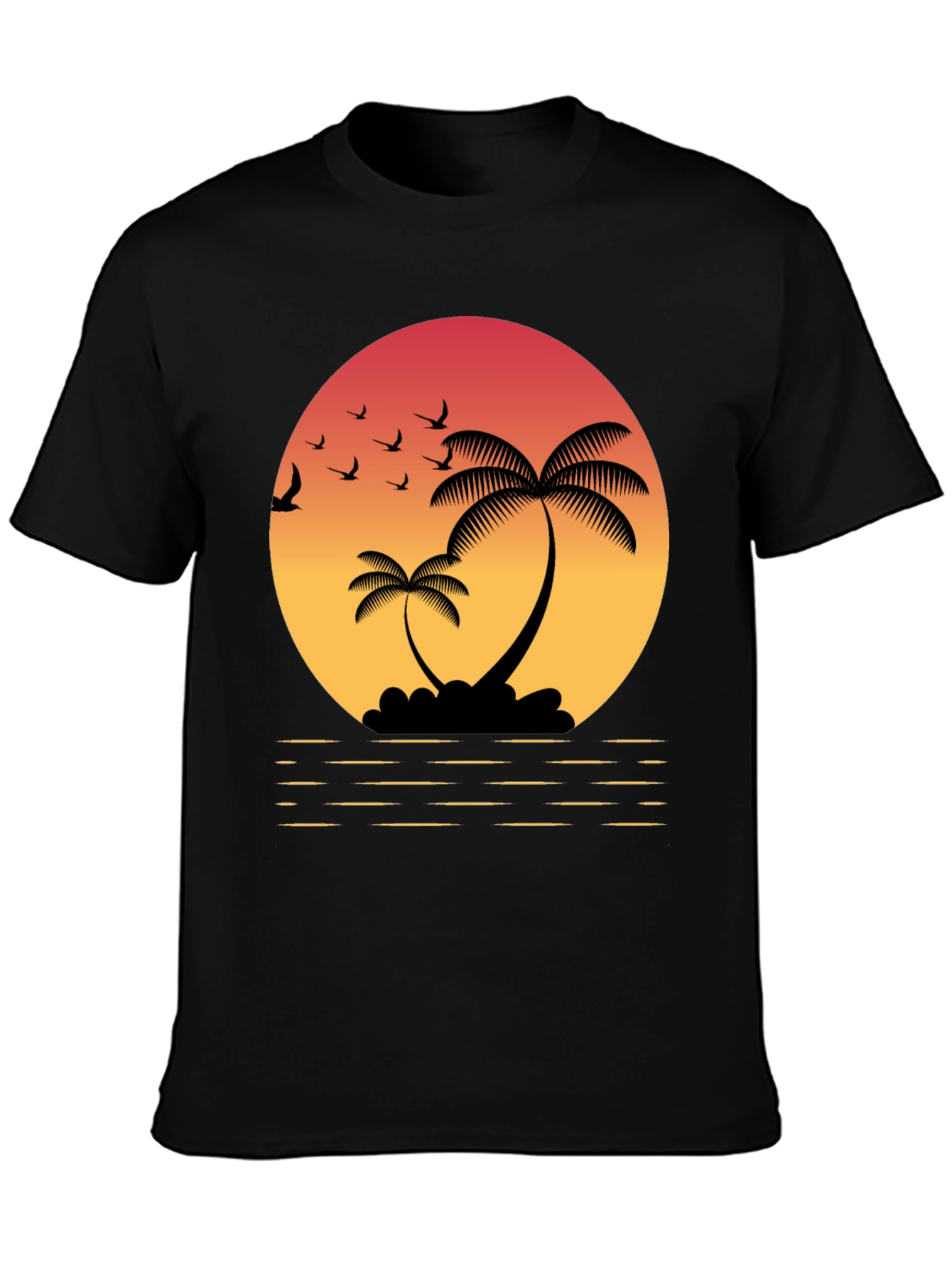 Tropical Sunset T-Shirt: Palm Trees & Birds