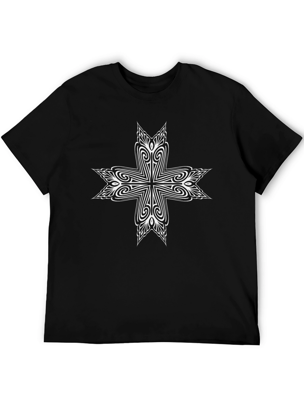 Mens Black T-Shirt with White Ornamental Cross Design