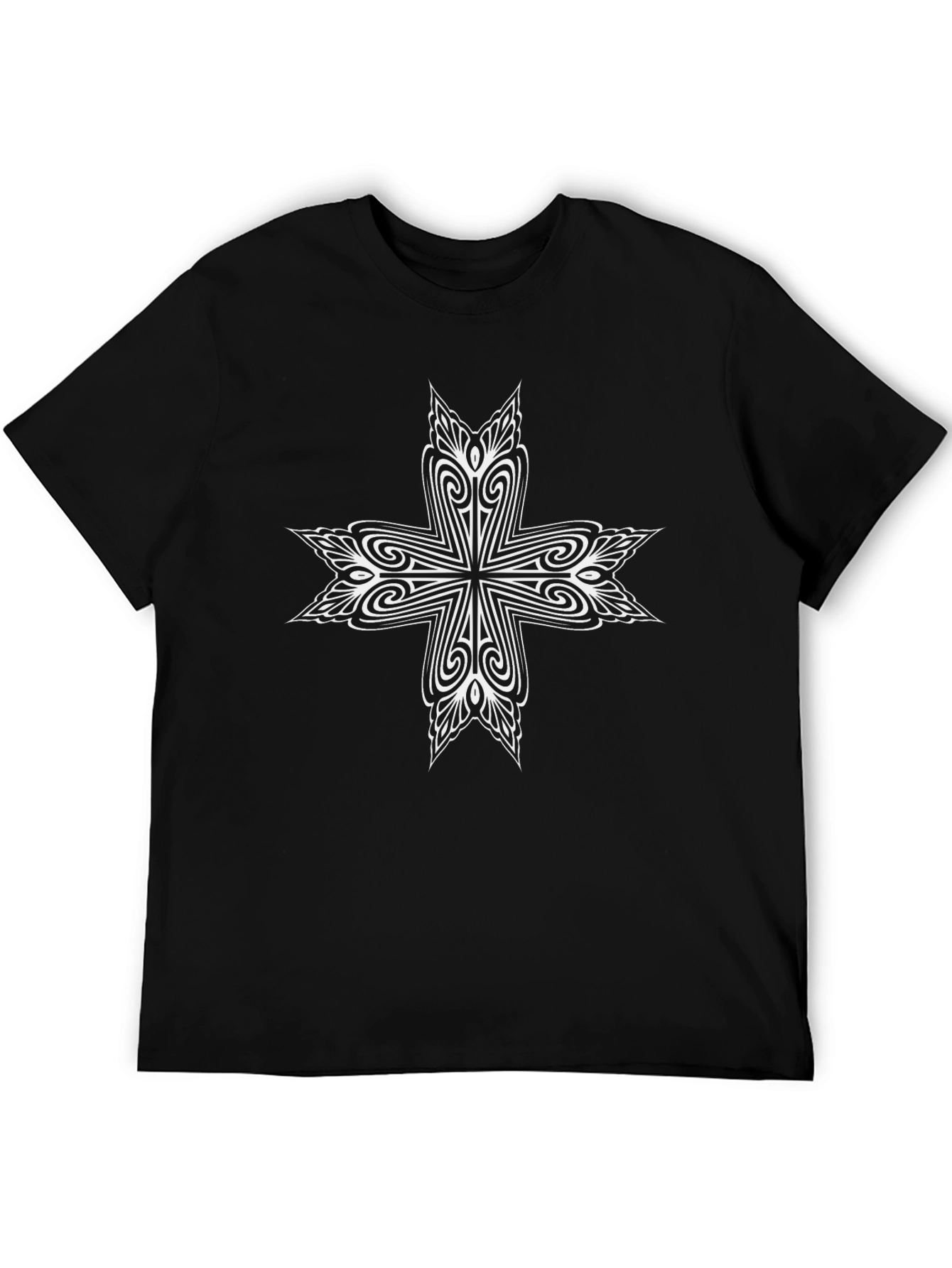 Mens Black T-Shirt with White Ornamental Cross Design