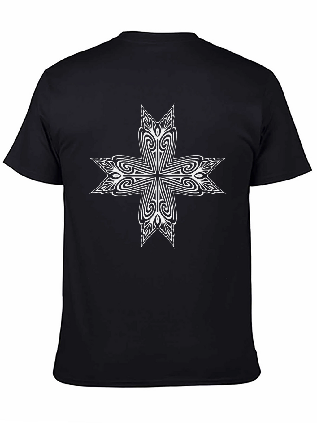 Mens Black T-Shirt with White Ornamental Cross Design