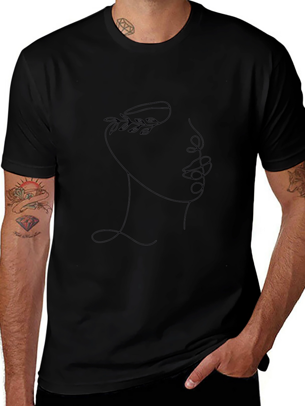 Abstract Face Line Art Tee - Black