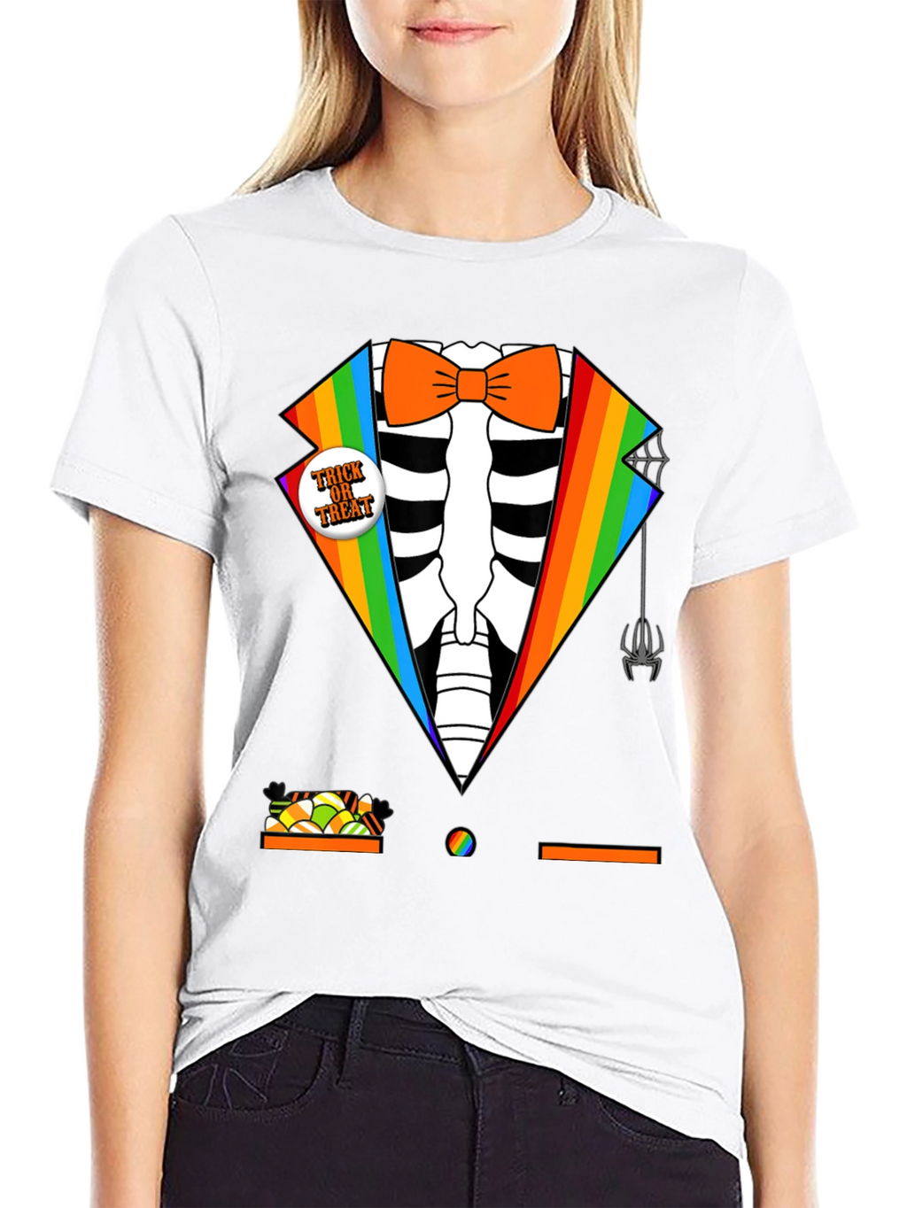 Rainbow Skeleton Tuxedo Halloween T-Shirt