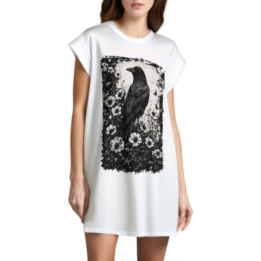 Gothic Raven Floral Graphic Tee – Dark Aesthetic Crow & Wildflower Vintage Shirt(z878)