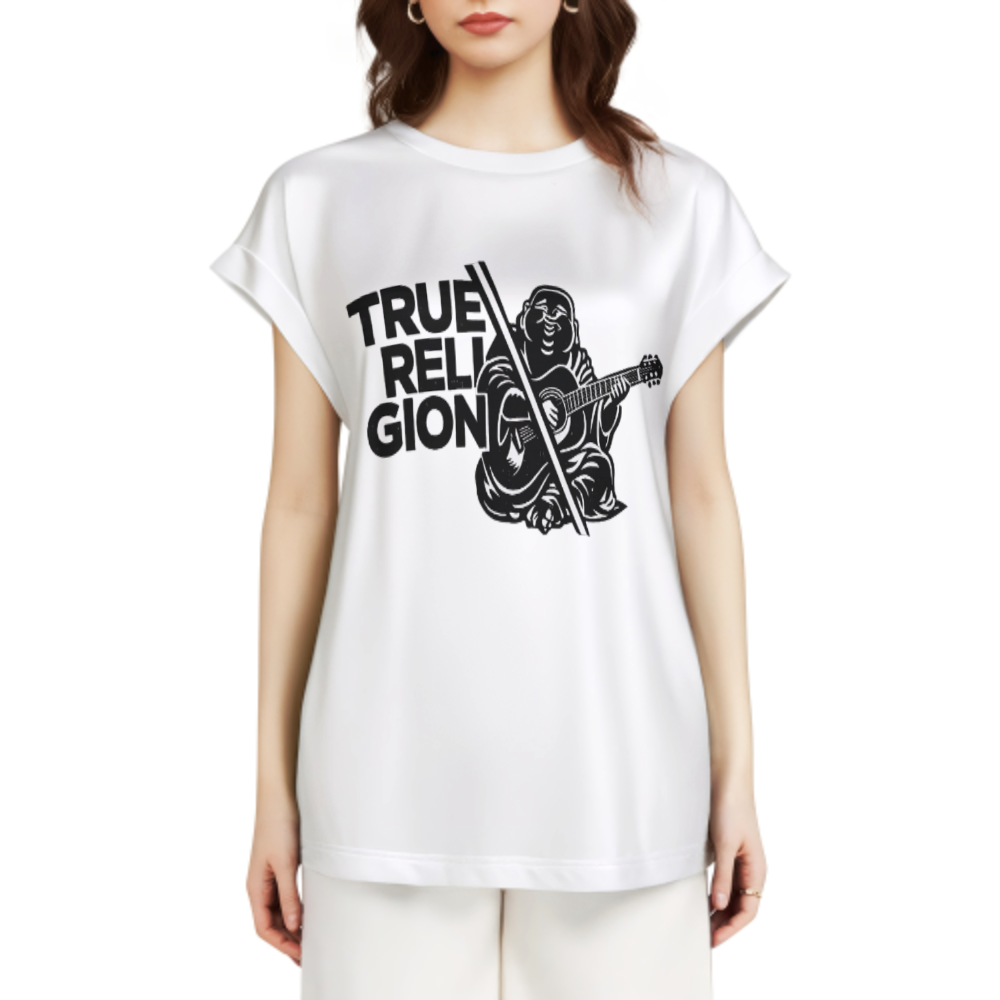 True Religion Guitar Graphic Tee | Vintage Music Inspired Buddha Shirt | Boho Streetwear T-Shirt(z882)