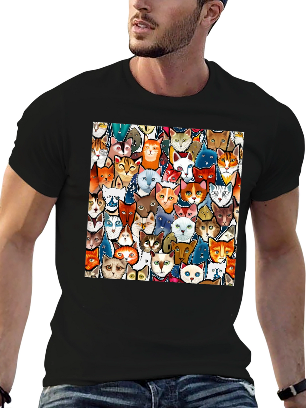 Cat Faces Graphic Print Mens Black T-Shirt