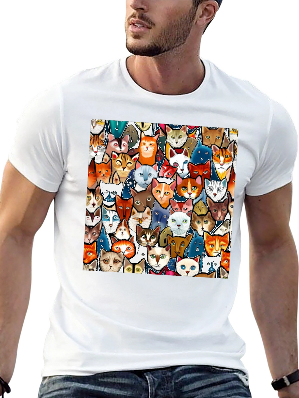 Cat Faces Graphic Print Mens Black T-Shirt