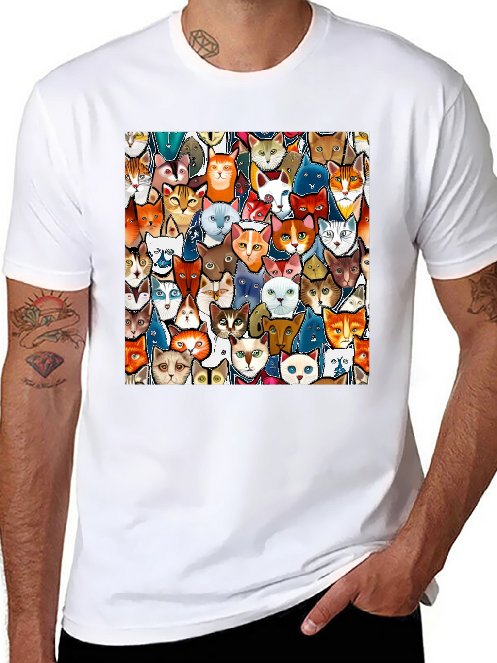 Cat Faces Graphic Print Mens Black T-Shirt
