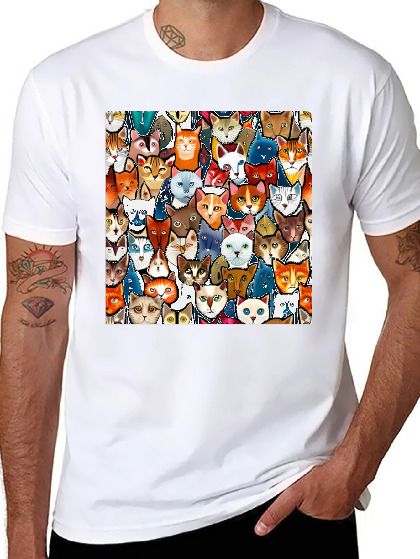 Cat Faces Graphic Print Mens Black T-Shirt