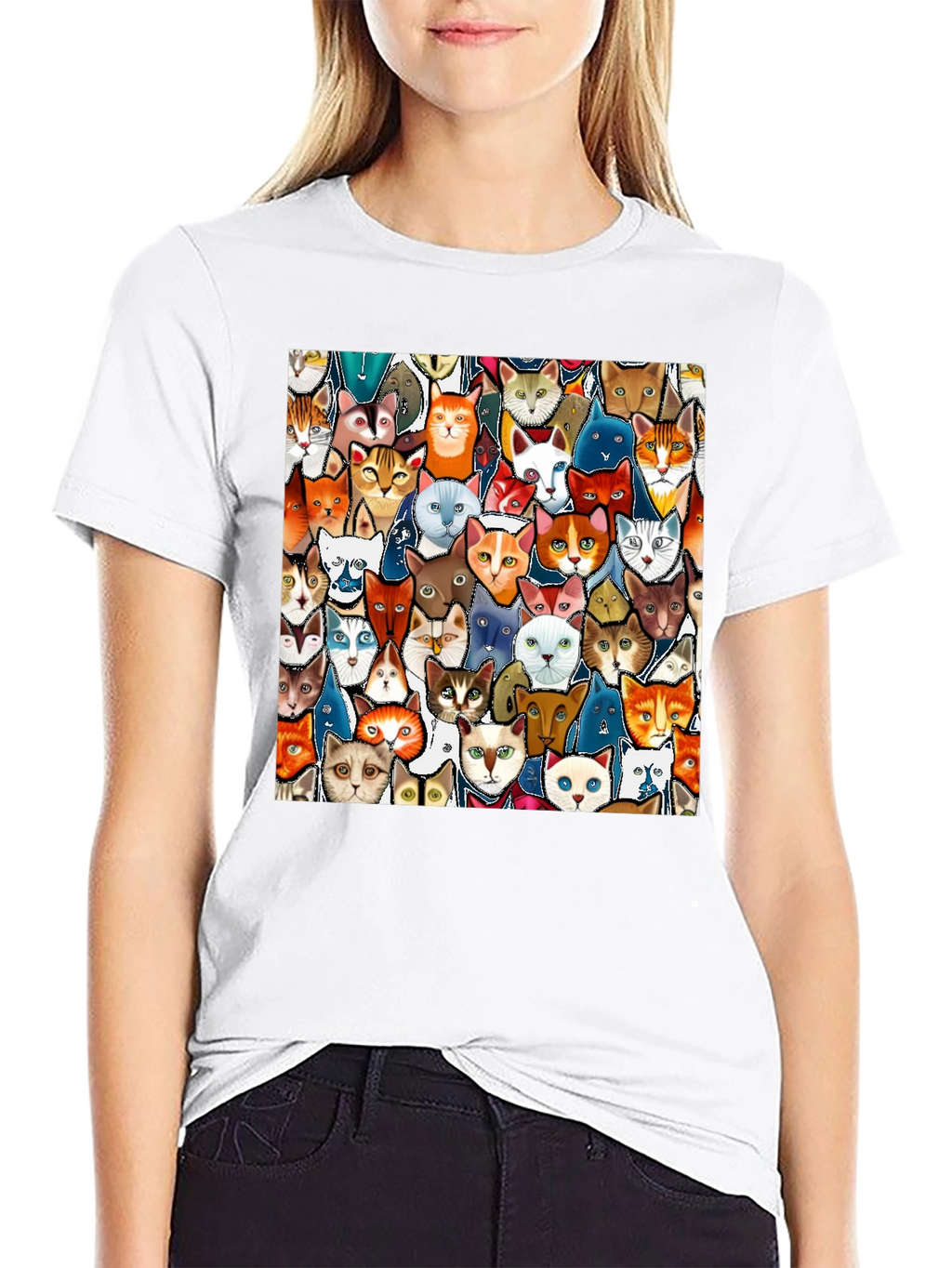 Cat Faces Graphic Print Mens Black T-Shirt