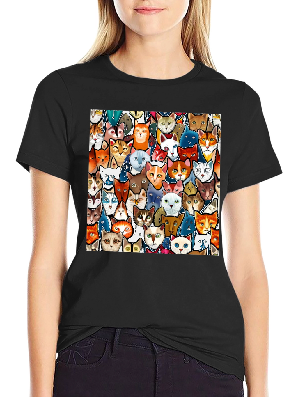 Cat Faces Graphic Print Mens Black T-Shirt