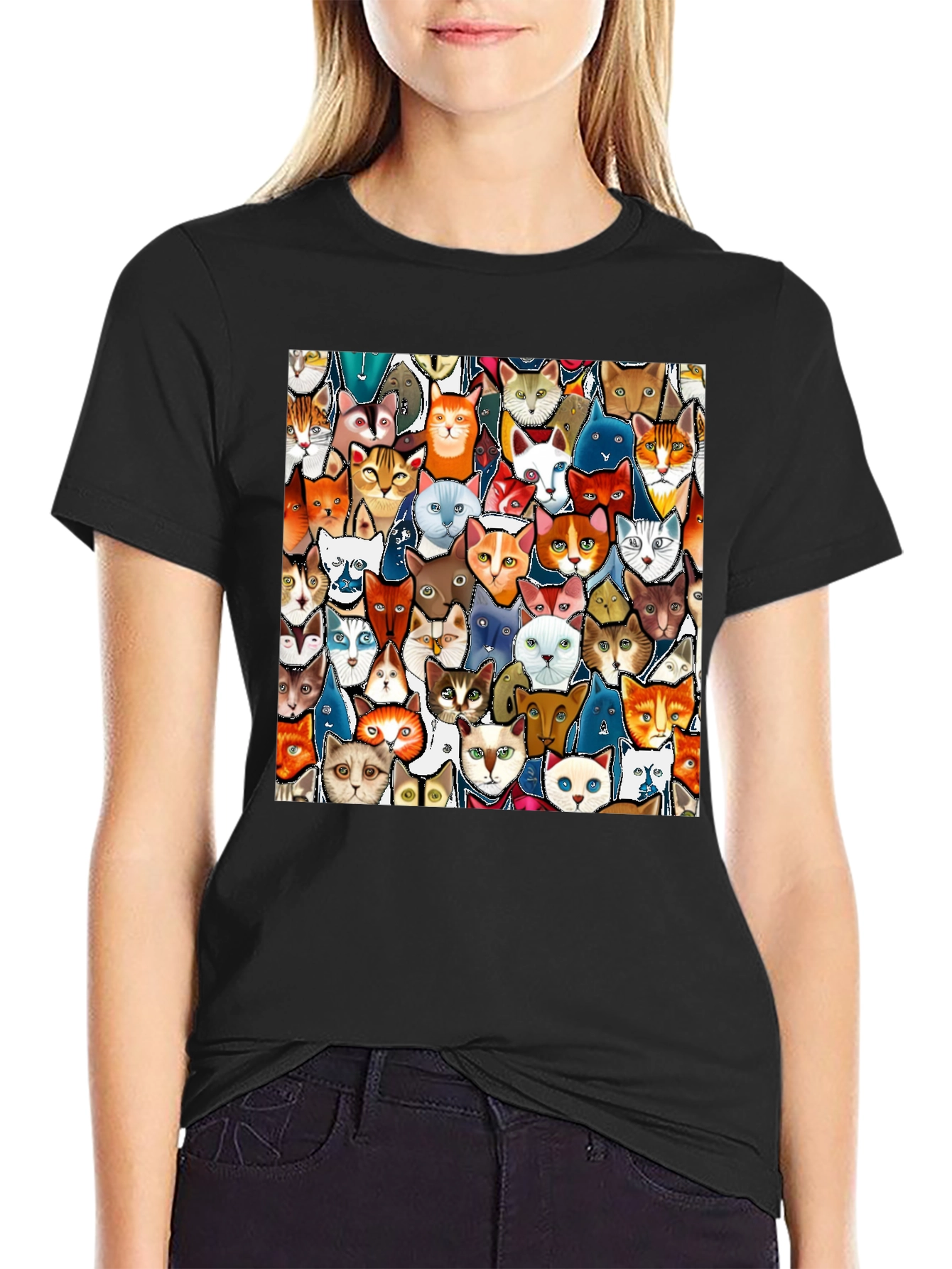 Cat Faces Graphic Print Mens Black T-Shirt