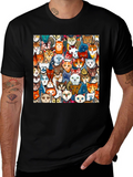 Cat Faces Graphic Print Mens Black T-Shirt