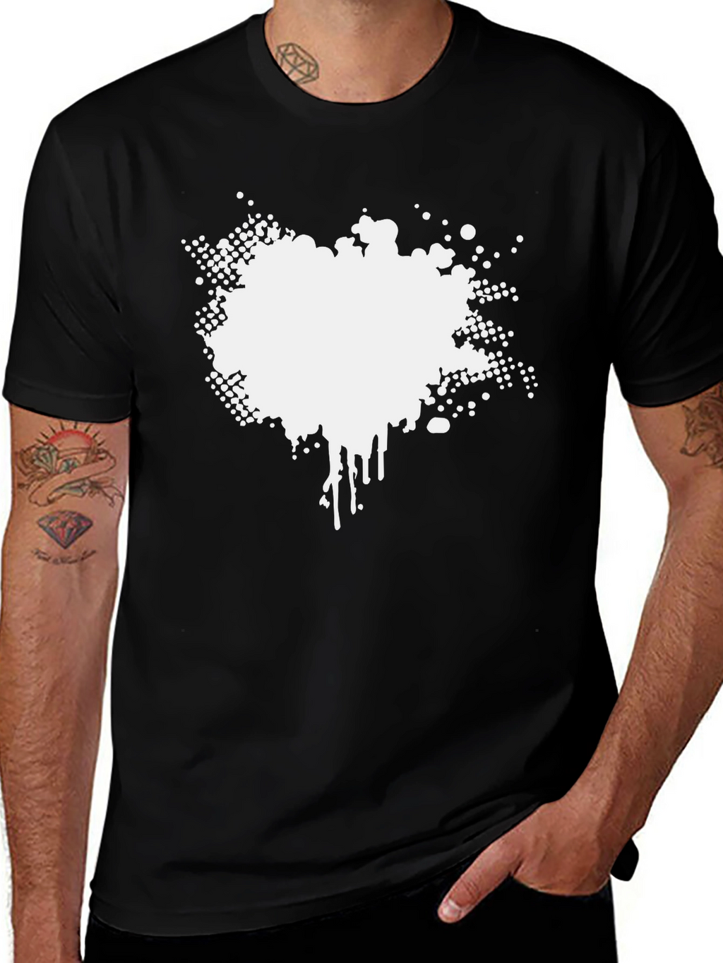 Mens Black Graphic Tee - Abstract White Print