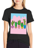 Cactus Print Black Tee - Unique Graphic Design