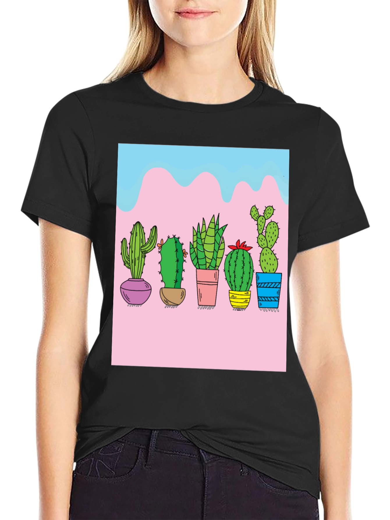 Cactus Print Black Tee - Unique Graphic Design