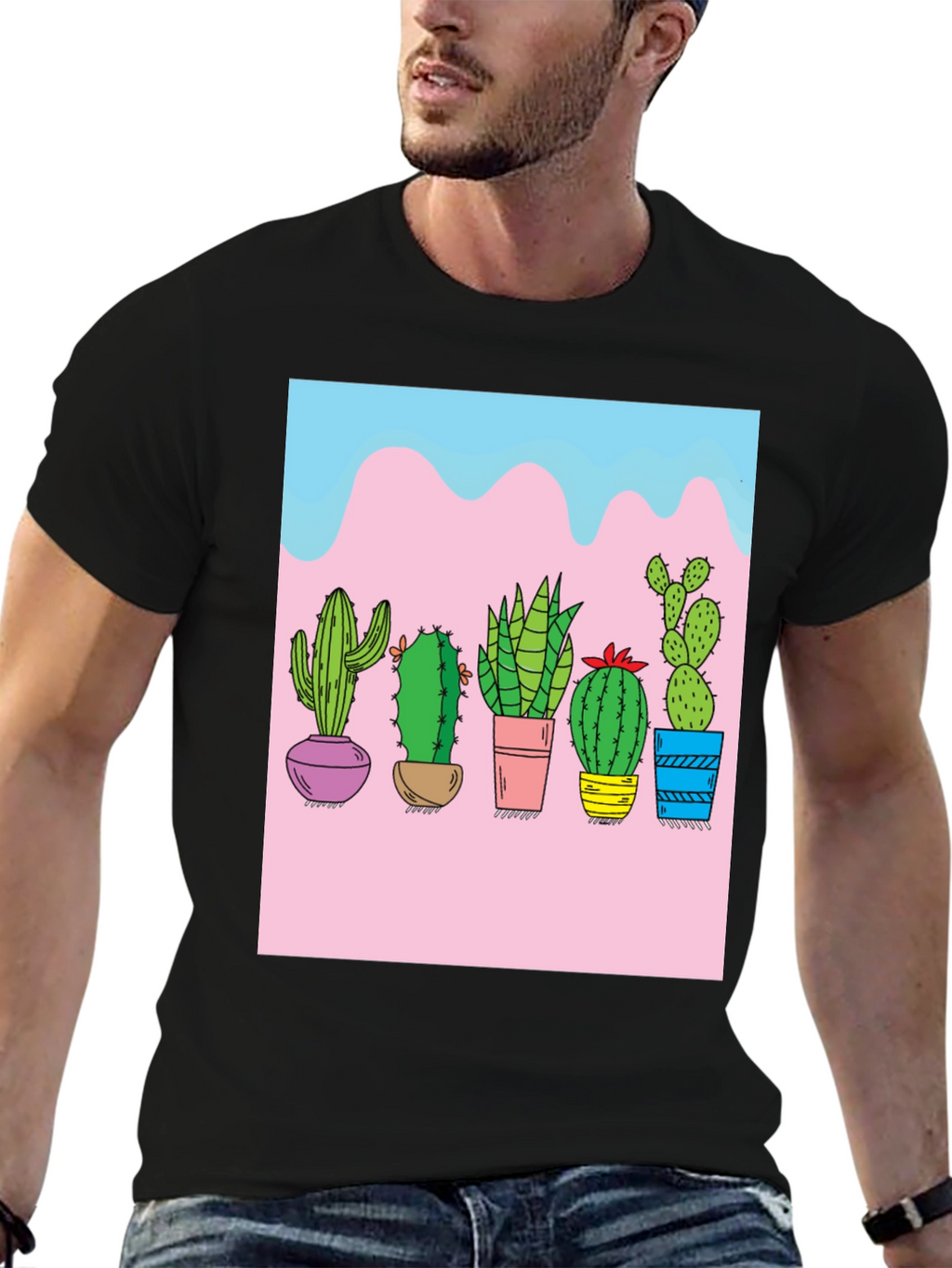 Cactus Print Black Tee - Unique Graphic Design