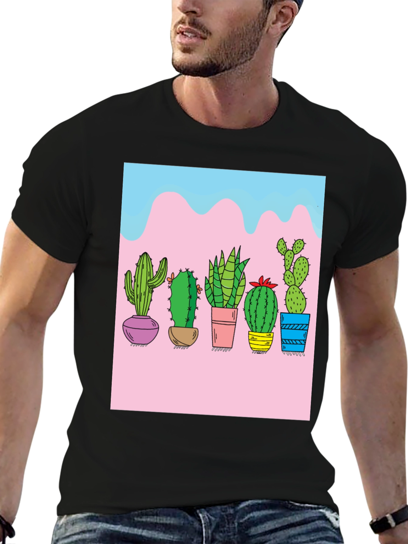 Cactus Print Black Tee - Unique Graphic Design