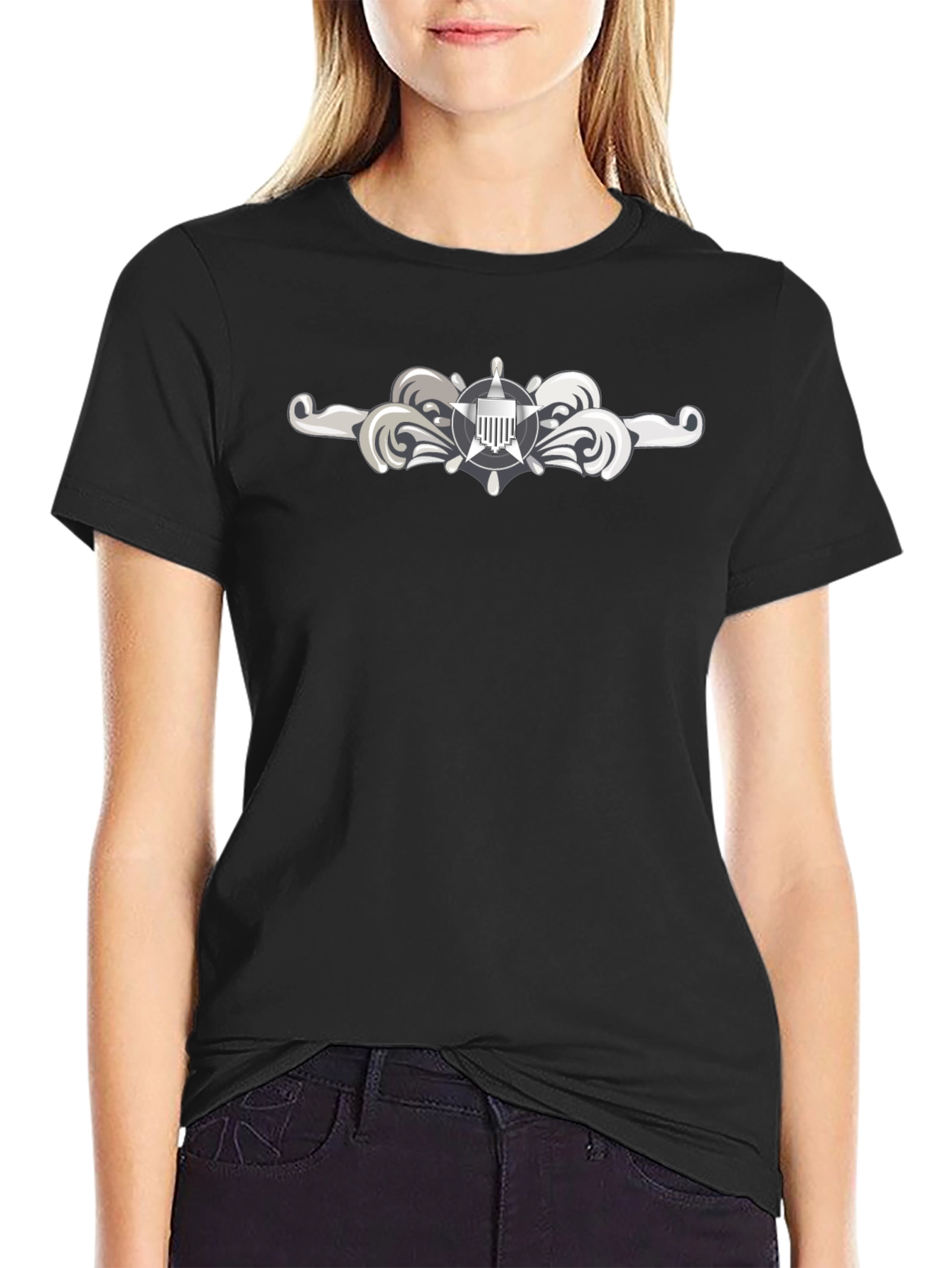 Naval Officer T-Shirt - Silver Insignia Black Tee