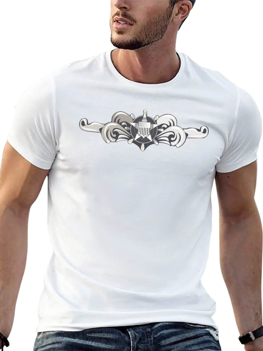 Naval Officer T-Shirt - Silver Insignia Black Tee