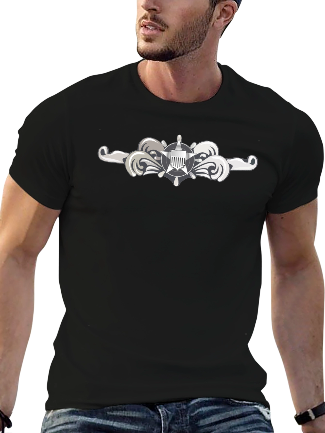 Naval Officer T-Shirt - Silver Insignia Black Tee